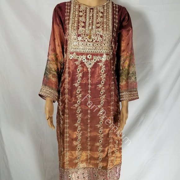 Pakistani Branded Fancy Embroidered Shaded Masuri 3-Piece Shalwar Kameez Orange - Picture 8 of 17